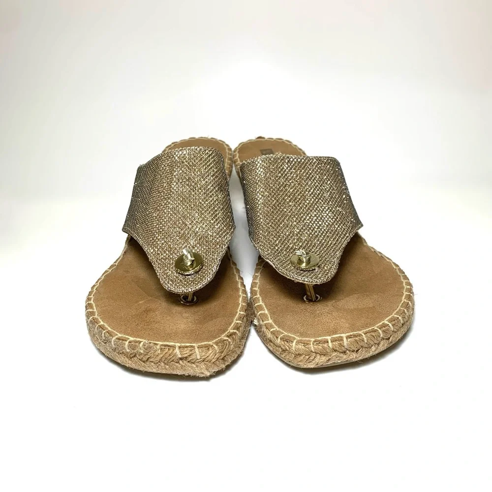 Gold Sparkly Espadrille Wedge Thong Sandal Shimmer Metallic Flip Flop Boho Sz 9
